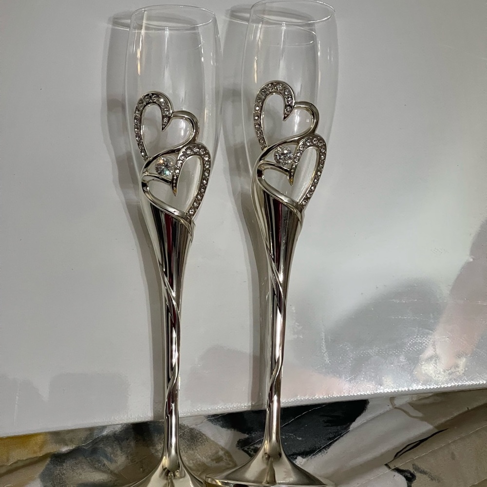 Wedding Champagne Toasting Glasses Flutes - Diamante Crystal Hearts Silver Plate